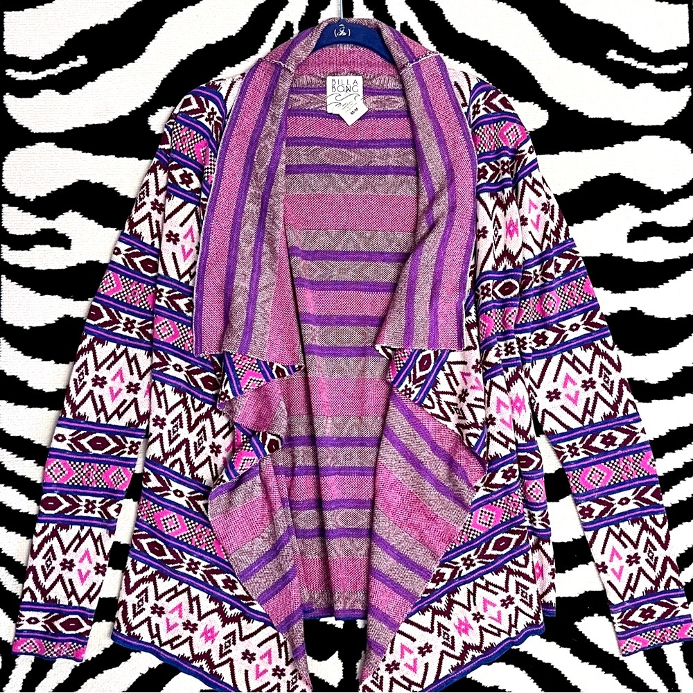 Billabong Show Me Waves Printed Open Front Sweater Cardigan Size Medium